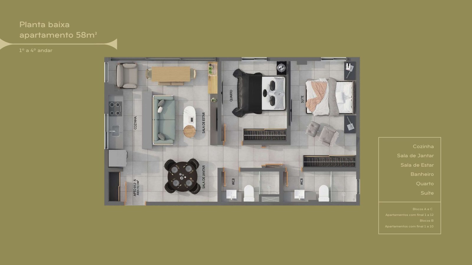 Planta baixa do apartamento de 59 m²